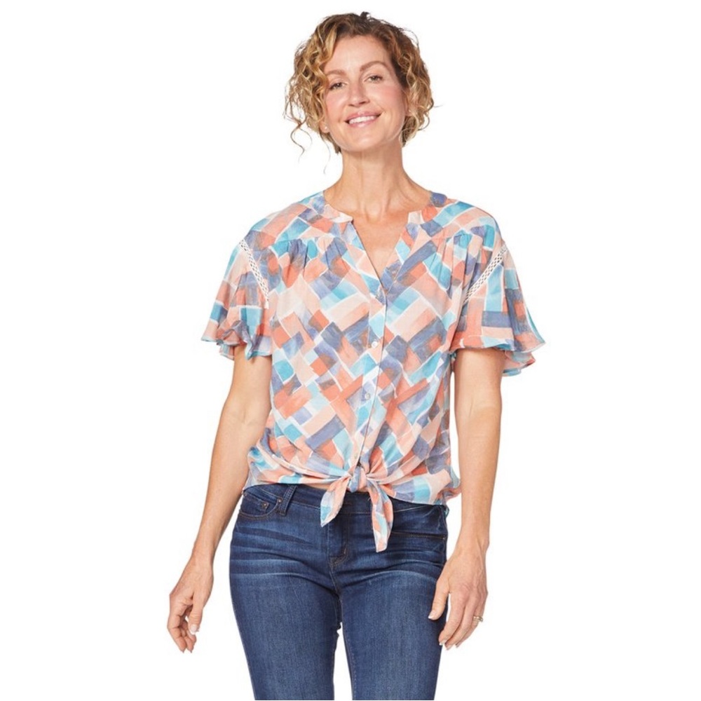 NWT ZAC & RACHEL Button Up V neck Short Sleeve Printed Slub Tie Front Top LARGE